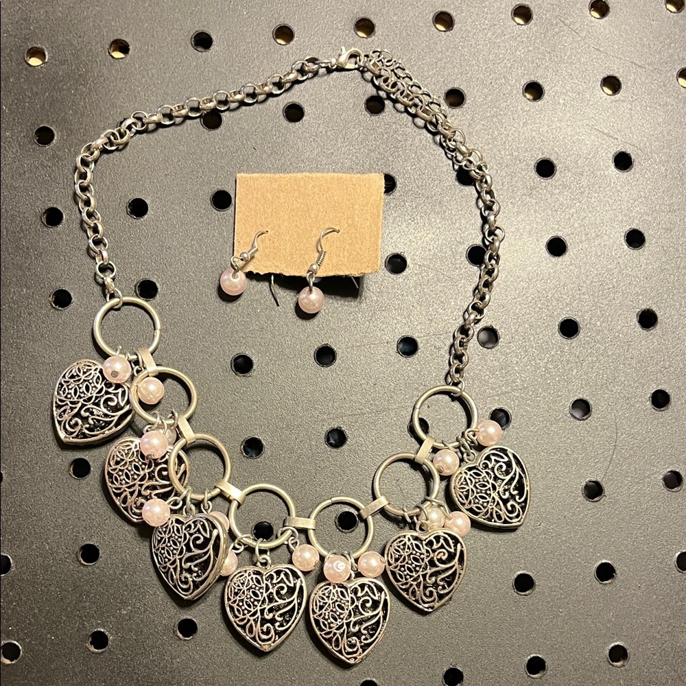 Chic Silver Heart Necklace and Earring Set